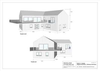 Tegning som viser fasadeopprikk for bygningen sett fra nord og øst, med dimensjoner og vindusoppsett.