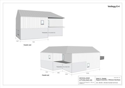 Fasadetegning som viser oppriss av bygningens vest- og sydfasade med mål og detaljer om tilbakelysning.