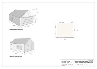 Fasadetegning som viser oppriss av en garasje sett fra nordøst/nordvest og sydvest/sydsid.