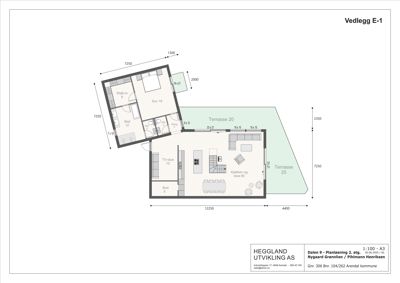 Plantegning av 2. etasje (Dalen 9) som viser romfordeling, dimensjoner og plassering av terrasser.