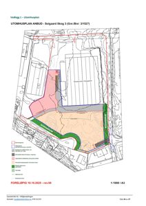 Situasjonsplan som viser tomtens grenser, eksisterende og planlagt bebyggelse, terrengforhold (konturlinjer) og infrastruktur.