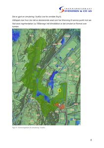 Kart fra en regnsimulering som viser avrenningslinjer og flomveier over et område.