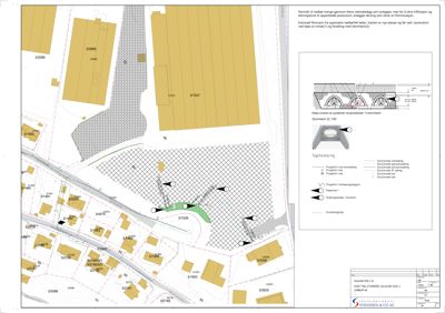 Situasjonsplan som viser tomt, bygninger, veier og planlagte tiltak med teknisk forklaring.