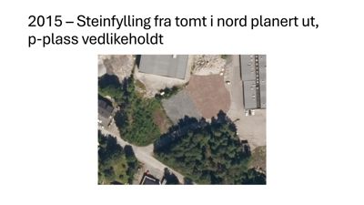 Luftfoto fra 2015 som viser en tomt med steinfylling og en planlagt p-plass.