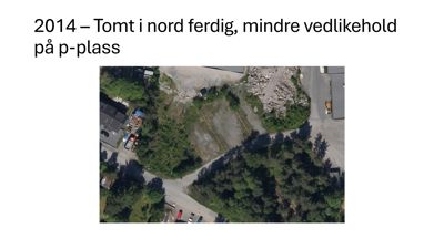 Luftfoto av en tomt med omgivende bebyggelse og vegetasjon.