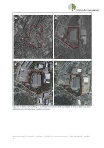Bildene viser en utvikling av et tomt over tid (fra 1950 til 2024) sett fra luften. Rød strek markerer det aktuelle området.