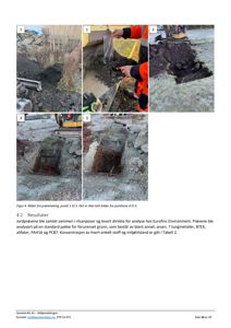 Fotografier fra en feltprøvetaking av jordgrunn, inkludert utgravning og prøvetaking.