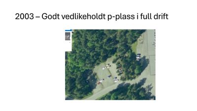 Et luftfoto (satellittbilde) av et parkeringsanlegg (p-plass) med bilmerker og omgivende skog.