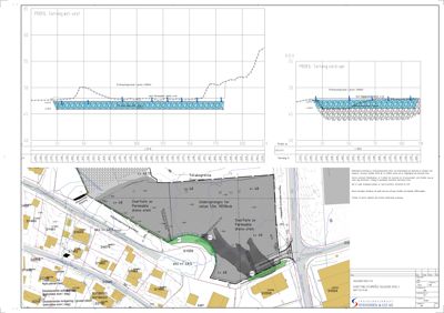 Situasjonsplan som viser tomtens beliggenhet, grenser, høydemål (H.O.H.), og detaljer om grunnforhold som f.eks. undergravning for permeabel drens-stein.
