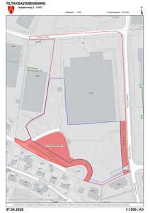 Situasjonsplan (tiltaksgrensningsplan) som viser eiendomsnummer, bygninger, veier og grenser for et tiltak.