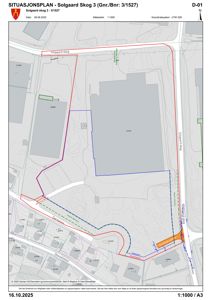 Situasjonsplan som viser tomtens beliggenhet, grenser, naboeiendommer og infrastruktur.