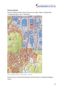 Et kartutsnitt (fra Scotgo live) som viser topografi, veinett og bebyggelse i området Flomveien nedstrøms, inkludert beregnet flomvei.