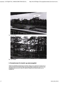 Bildet viser to svart-hvitt-fotografier av et utendørs område med trær, en hekk og en bygning i bakgrunnen. Bildene er merket med 'Før – ca. 30 meter' og 'Nå – ca. 10 meter', og illustrerer endringer i et område over tid.