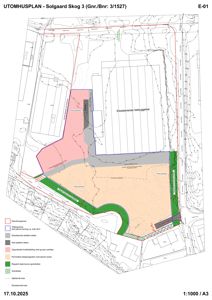 Situasjonsplan (utomhusplan) som viser tomtens grenser, eksisterende bebyggelse, planlagt bebyggelse, veier, grøntarealer og terrengforhold.