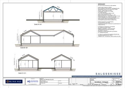 Snittegning av en bygning med tre varianter (Snitt A1-A1, B1-B1, C1-C1) og tekniske notater.