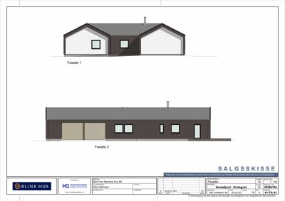 Bildet viser to fasadetegninger (Fasade 1 og Fasade 2) av en bygning, sannsynligvis en salgsskisse.
