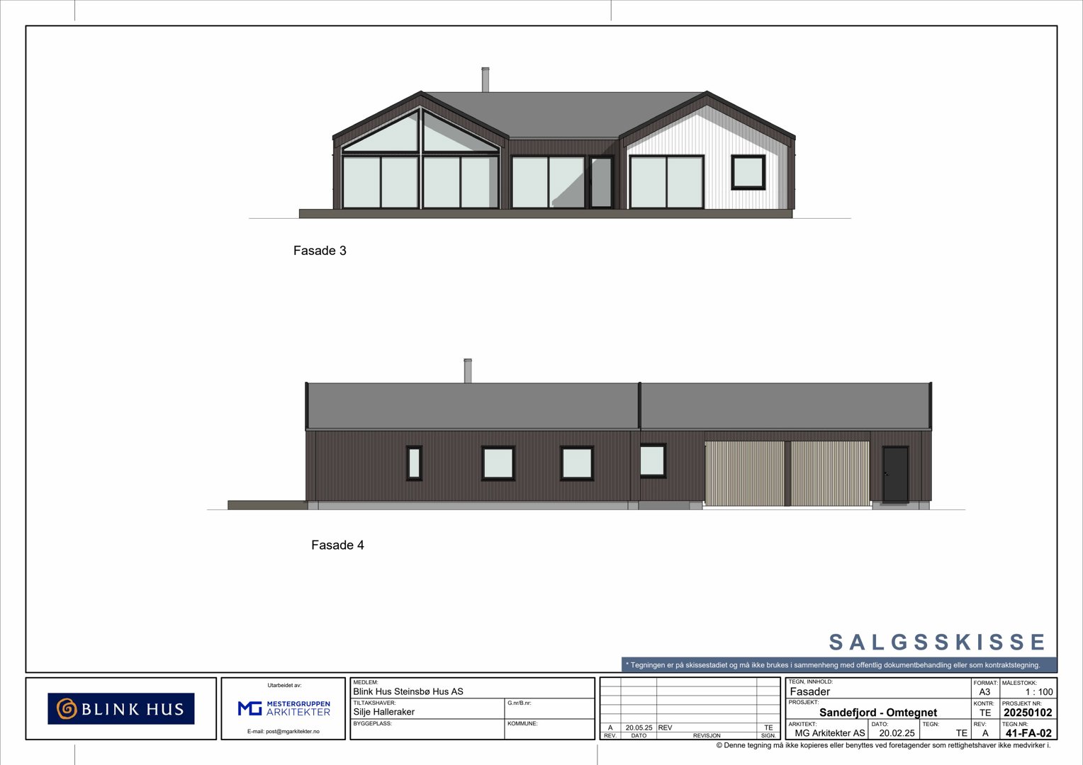 Bildet viser fasadetegninger for en bygning, merket som 'Fasade 3' og 'Fasade 4'.