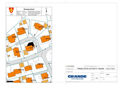 Situasjonskart som viser tomtens plassering i forhold til nabolaget, eiendomsnummer og vei.