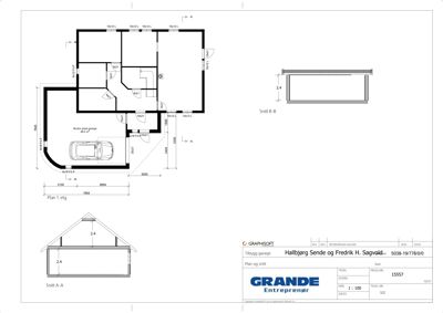Bildet viser en tegning med etasjeplan (Plan 1. etg) og to snittegninger (Snitt A-A og Snitt B-B) for en garasje.