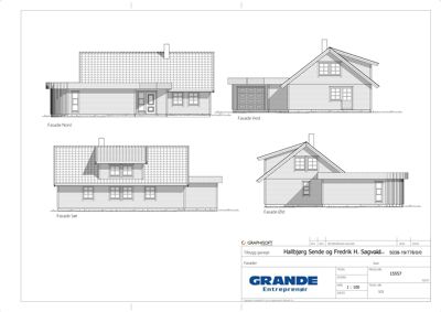 Fasadetegning som viser bygningens utseende fra fire sider (Nord, Vest, Sør, Øst).