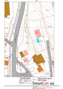 Situasjonsplan som viser tomtens form, høydeforhold (konturlinjer), naboeiendommer og veier.