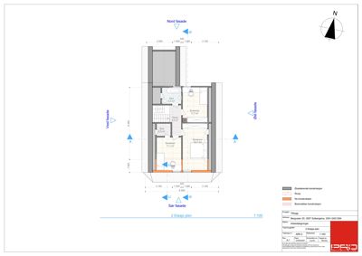 Etasjeplan for 2. etasje som viser romfordeling, stueplan og fasaderetning.