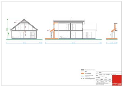 Snittegning som viser tverrsnittet av en bygning med høydeangivelser og romfordeling.