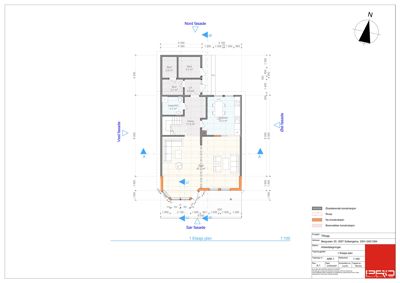 Etasjeplan for 1. etasje med romfordeling, mål og fasaderetning.