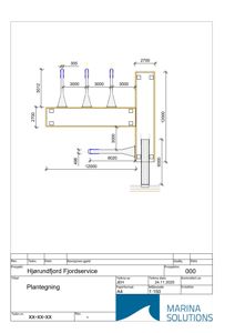 En teknisk detaljtegning som viser dimensjoner og konstruksjon for en anordning (sannsynligvis en brygge eller kai), med mål på millimeter.