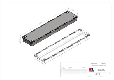 Tegning som viser et teknisk detalj av en konstruksjonselement (sannsynligvis en betongplate eller bjelke) med dimensjoner og snittvisning.