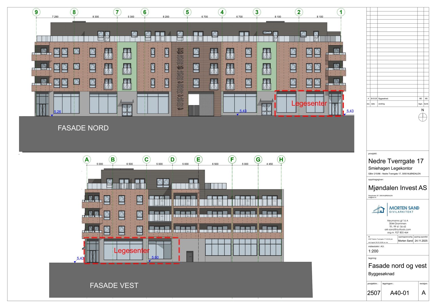 Fasadetegning av bygningen sett fra nord og vest, med mål og detaljer.