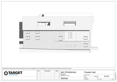 Fasadetegning av bygningens vestside med detaljer om markise og vindusoppsett.