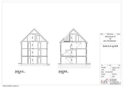 Tegning som viser tverrsnittet av en bygning (Snitt A-A og B-B) med mål og detaljer.