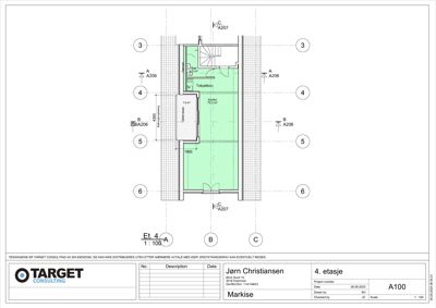 Etasjeplan for 4. etasje som viser romfordeling, mål og utstyr.