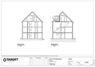 Tegning som viser tverrsnitt (snitt) av en bygning, merket som Snitt A-A og Snitt B-B.