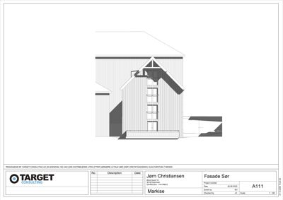 Fasadetegning av en bygning sett fra sør, med detaljer om markise og takform.