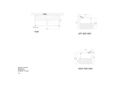 Tegning som viser detaljert konstruksjon av en vegg eller panel med mål og utsnitt (plan, venstre side, høyre side).