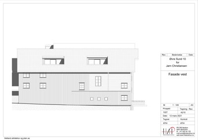 Fasadetegning av bygning sett fra vest.