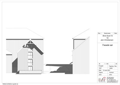 Fasadetegning av en bygning sett fra sør, med tegningsboks i høyre side.