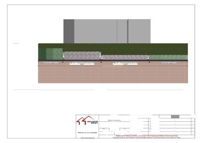 Oppriss av fasade med detaljeringslinjer for murverk, tak og skjønningslinjer.