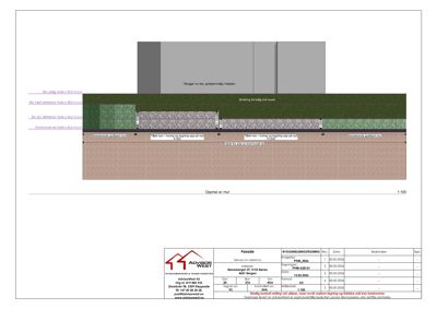 Oppriss av fasade med detaljeringslinjer for murverk, tak og skjønningslinjer.