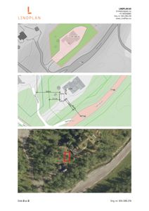 Situasjonsplan som viser tomtens beliggenhet i forhold til nabolag, veier og terrengforhold, samt en flyfoto med markert tomt.