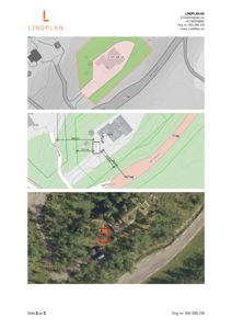 Bildet viser en situasjonsplan med tomtetegning, nabolagsforhold, høydemålinger og en flyfoto som viser plassen i terrenget.