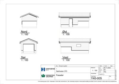 Fasadetegning som viser bygningens utseende fra alle fire sider (Nord, Sør, Øst, Vest) med mål 1:100.