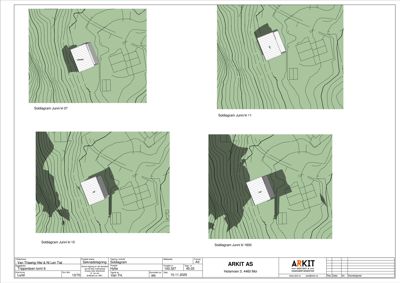 Situasjonsplaner (solskikksanalyser) som viser bygningens plassering i forhold til terrenget (konturlinjer) og solens bevegelse.
