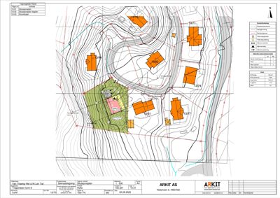 Situasjonsplan som viser tomtens beliggenhet i forhold til nabolag, topografi (konturlinjer), veier og eksisterende/planlagt bebyggelse.