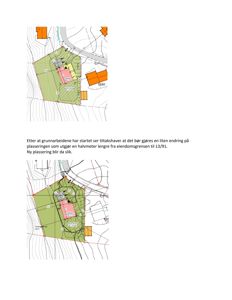 Situasjonsplaner som viser to alternativer for plassering av en bygning på eiendommen. Planene inkluderer topografi (konturlinjer), nabobebyggelse (fargekodet), eiendomsgrenser og en tekstbeskrivelse av endring i plassering.
