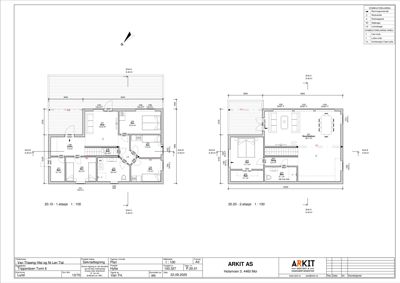 Plantegning som viser romfordeling og dimensjoner for 1. og 2. etasje av et hus.