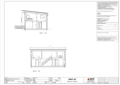 Bildet viser to snittegninger (Snitt A og Snitt B) av en toetasjes bolig, med mål, døråpninger og innredning. Det er også inkludert teknisk tekst om byggtekniske krav og materialer.