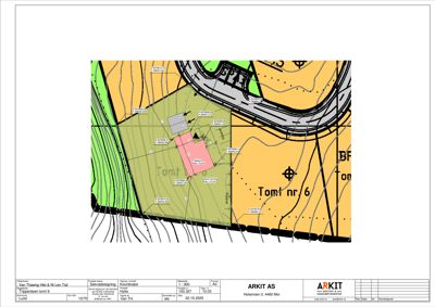 Situasjonsplan som viser tomtens beliggenhet, grenser, høydemålepunkter og omgivende infrastruktur.